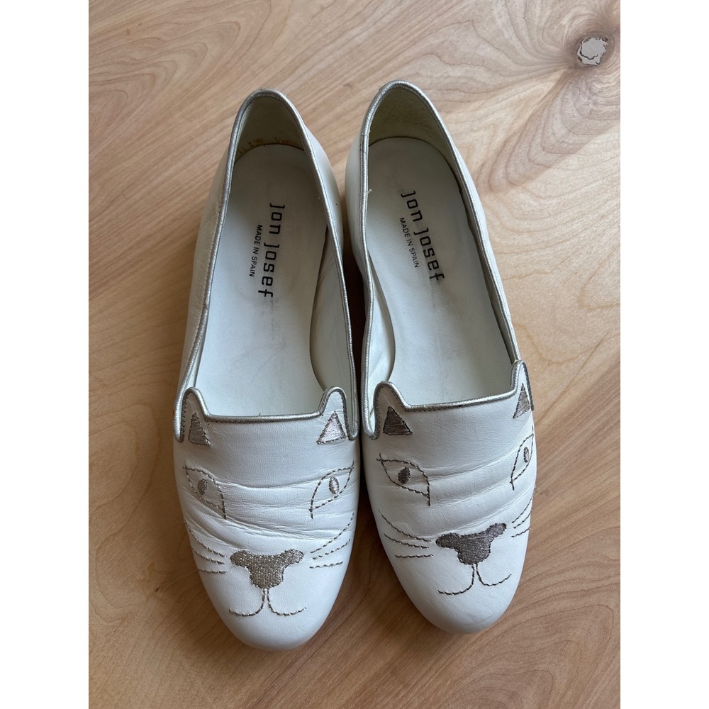 Jon Josef Womens Cat Face Loafers 6 White Silver Whimsical Leather Flats Spain